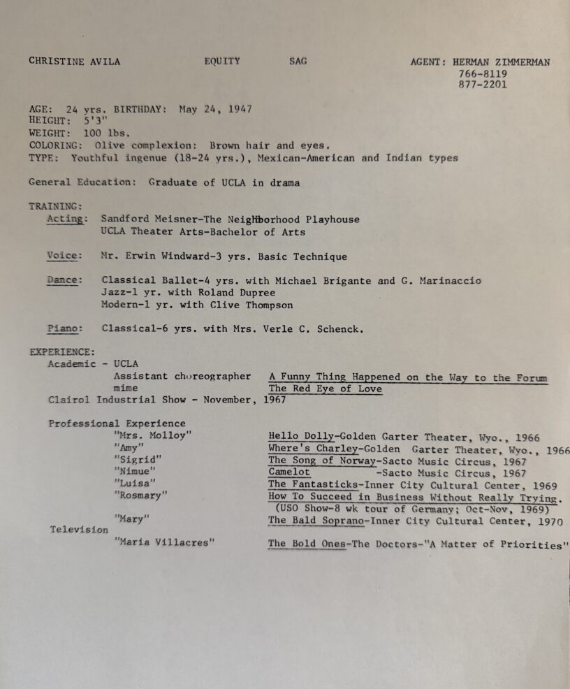Christine Avila Acting Resume 1971