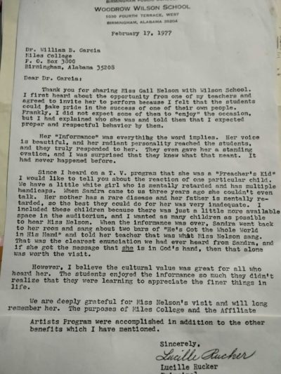 Affiliate Artist letter about Gail 1977
