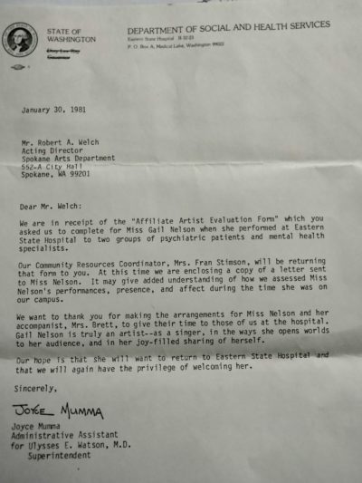 Affiliate Artist letter 1981 Spokane