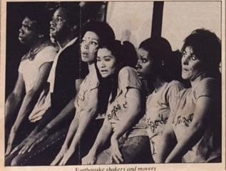 EARTHQUAKE II, pictured from left to right, Reginald Montgomery, Marvin Samuels, Olga James, Virginia Wing, Gloria Calomee and Candi Sosa. Also in cast, not pictured, Mel Carter and Mike Salcido. 1974.