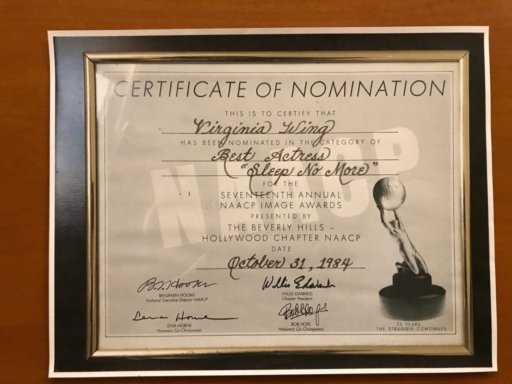NAACP Image Awards Nomination of Virginia Wing as Best Actress for performance in SLEEP NO MORE,1984.
