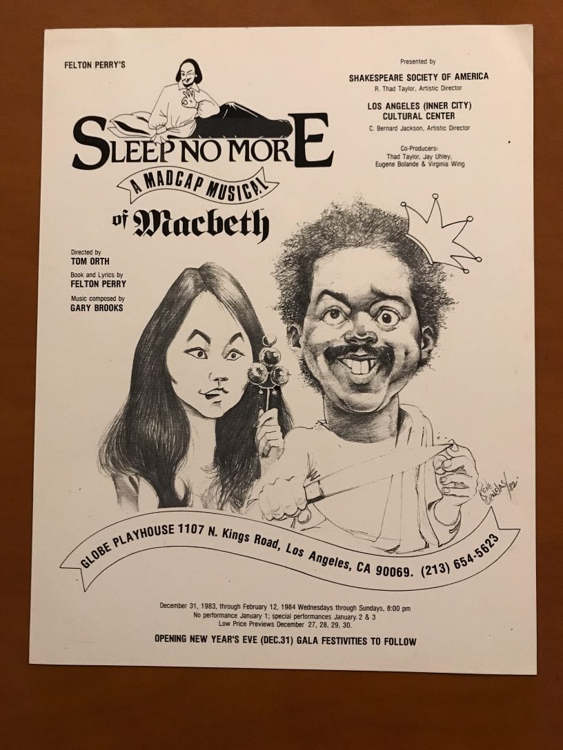 Flyer for SLEEP NO MORE, with Virginia Wing and Felton Perry as Macbeth and Lady Macbeth, co-produced by the Globe Playhouse, Shakespeare Society of America and Inner City Cultural Center, Los Angeles, CA, 1984