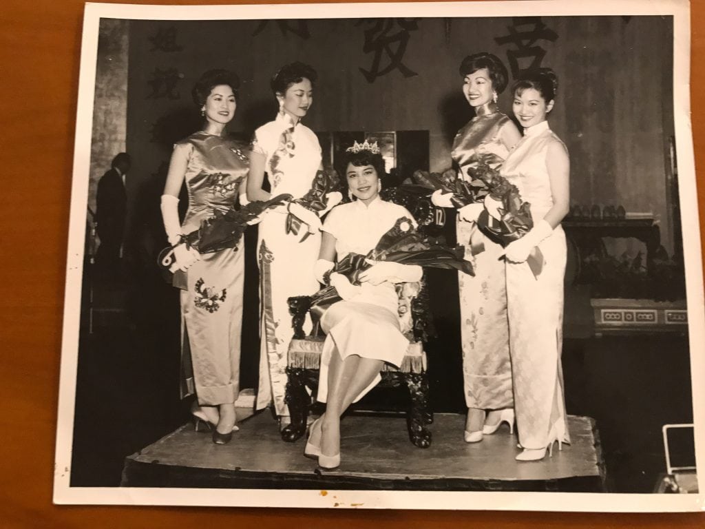 January 30, 1960 - Miss Chinatown USA and her Court. From Left to right, JoAn Lai, Amy Tong-Lao, Carole Ng, Shirley Wong and Virginia Faye Wing at the "1960" Miss Chinatown, USA Pageant at the Masonic Memorial Auditorium in San Francisco, CA. Photo: Kem Lee