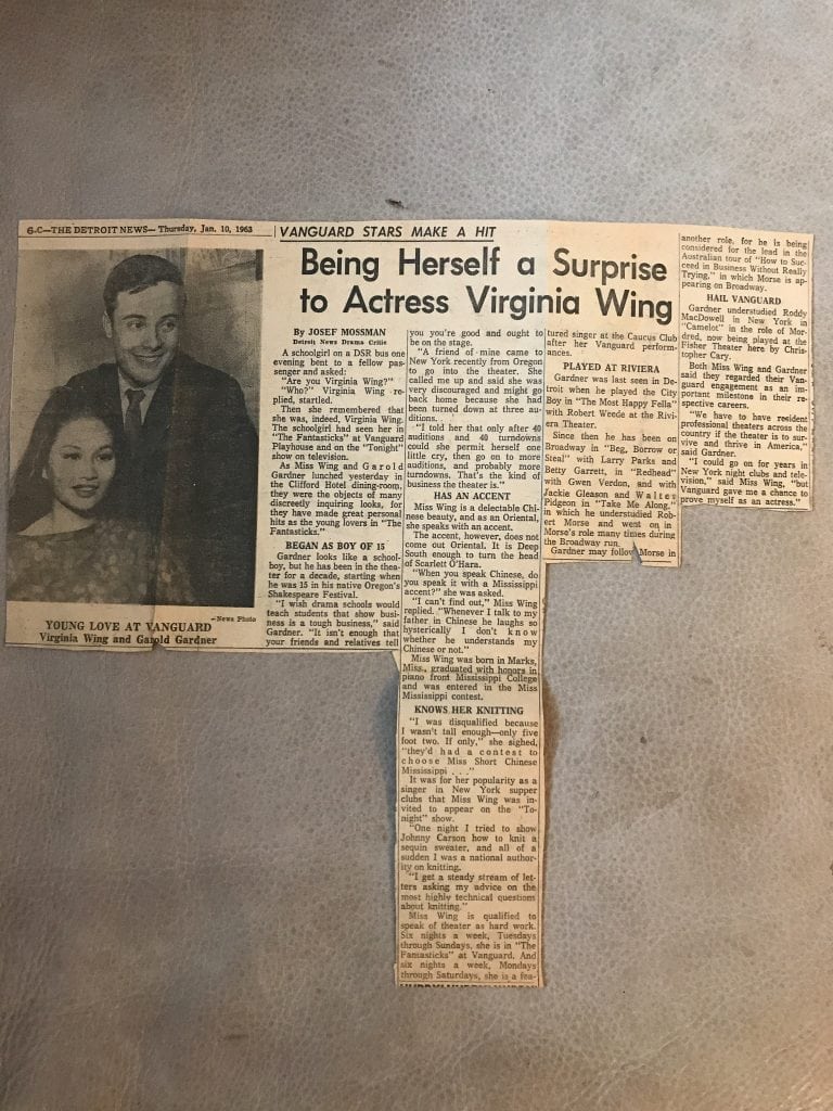 Article about Virginia Wing in THE FANTASTICKS, Detroit, Michigan.