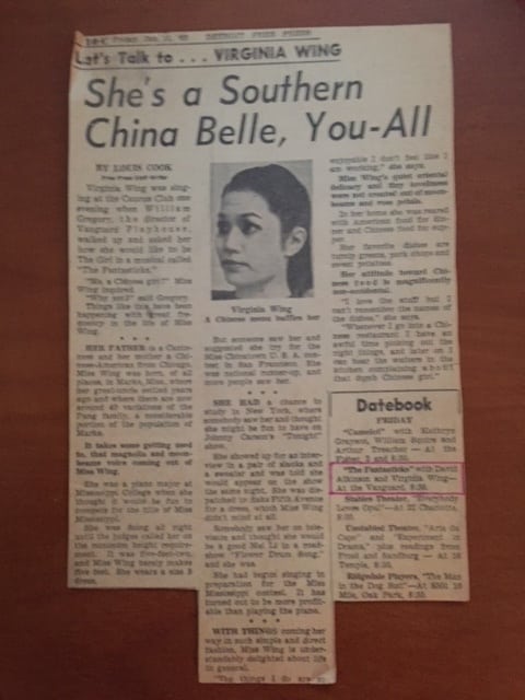 Detroit Free Press, Friday, January 11, '63, Let's Talk to ... Virginia Wing. She's a Southern China Belle, You-All, by Louis Cook, Free Press Staff Writer. 